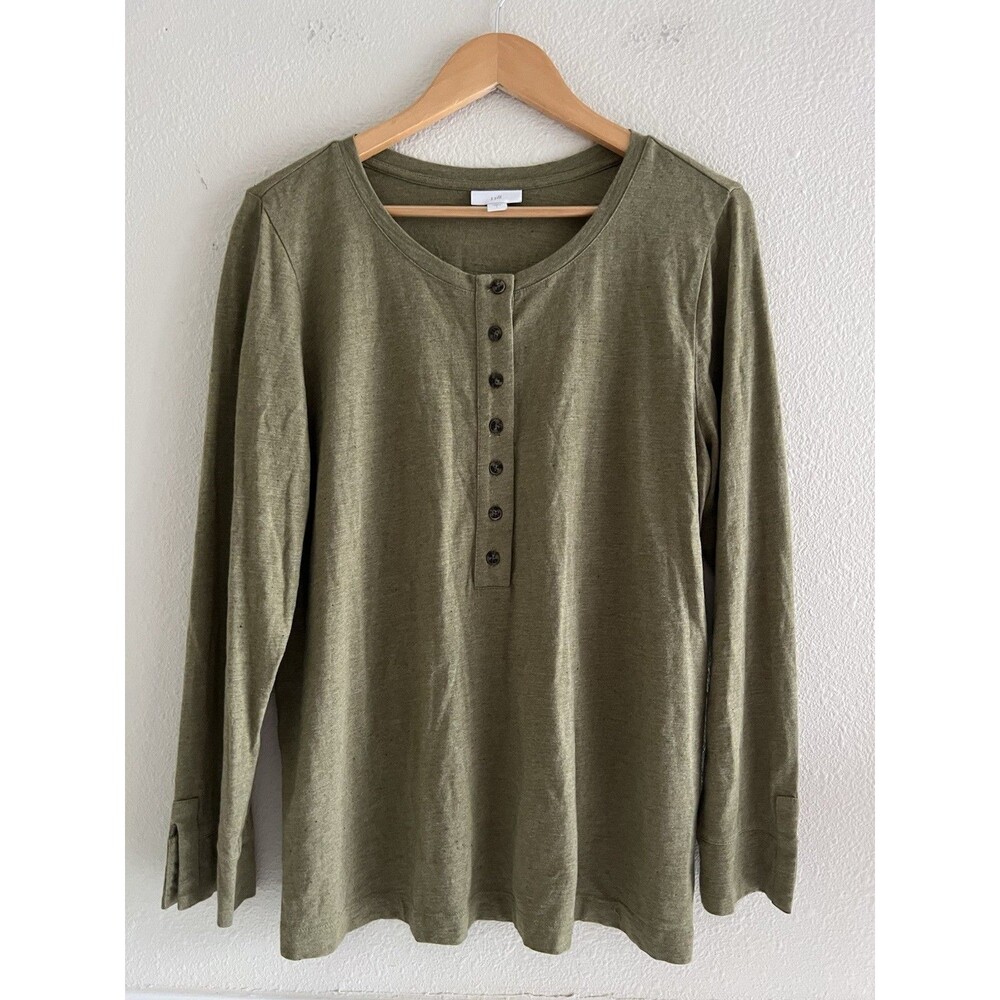J.Jill Heathered Olive Green Long Sleeve Henley Shirt Women’s L Minimalist Layer